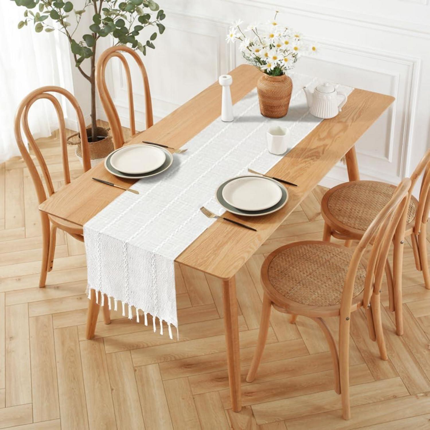 Weiß Leinen Baumwoll Tischläufer Handquasten Quasten Boho Dekor 33x160cm