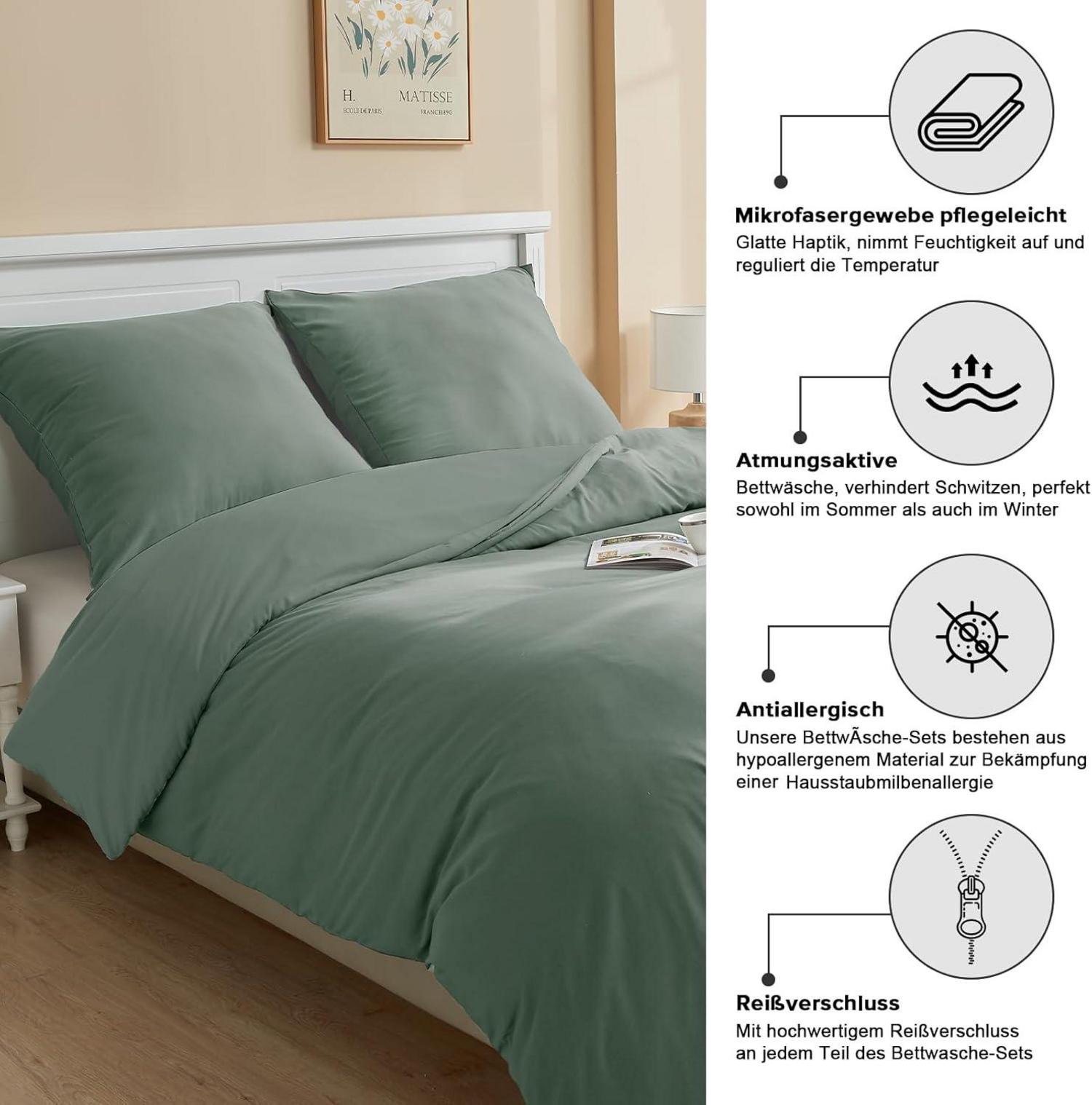 Bettwäsche-Set 135x200cm 4-teilig Kissenbezüge 80x80cm Mikrofaser Salbei Grün