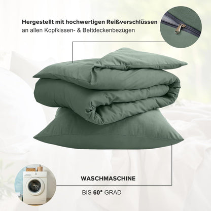 Bettwäsche 135x200 4tlg. Sets Mikrofaser Reißverschluss Salbei Grün