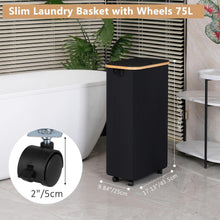 Wäschekorb mit Deckel 75L Schwarz Bambusgriffe & Rollen