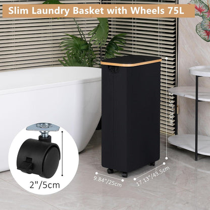 Wäschekorb mit Deckel 75L Schwarz Bambusgriffe & Rollen