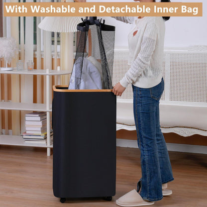 iEGrow Wäschekorb mit Deckel 75L, faltbar, schmal, Rollen, Schwarz