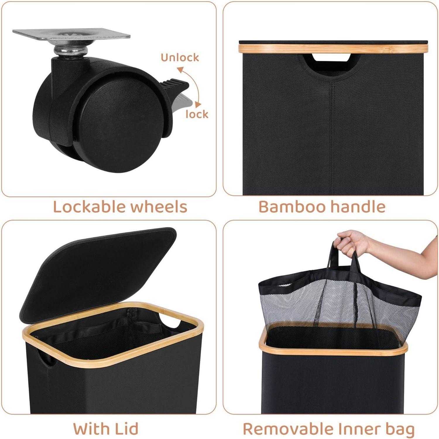 Wäschekorb 75L mit Deckel, Rollen & herausnehmbarer Innentasche - Schwarz