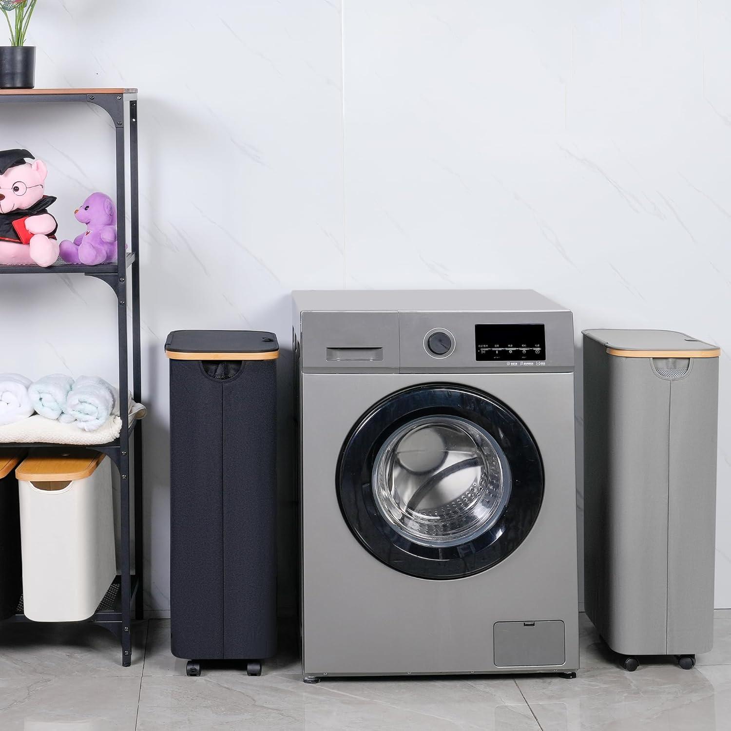 Wäschekorb 75L mit Deckel und Rollen, faltbare Wäschekörbe für