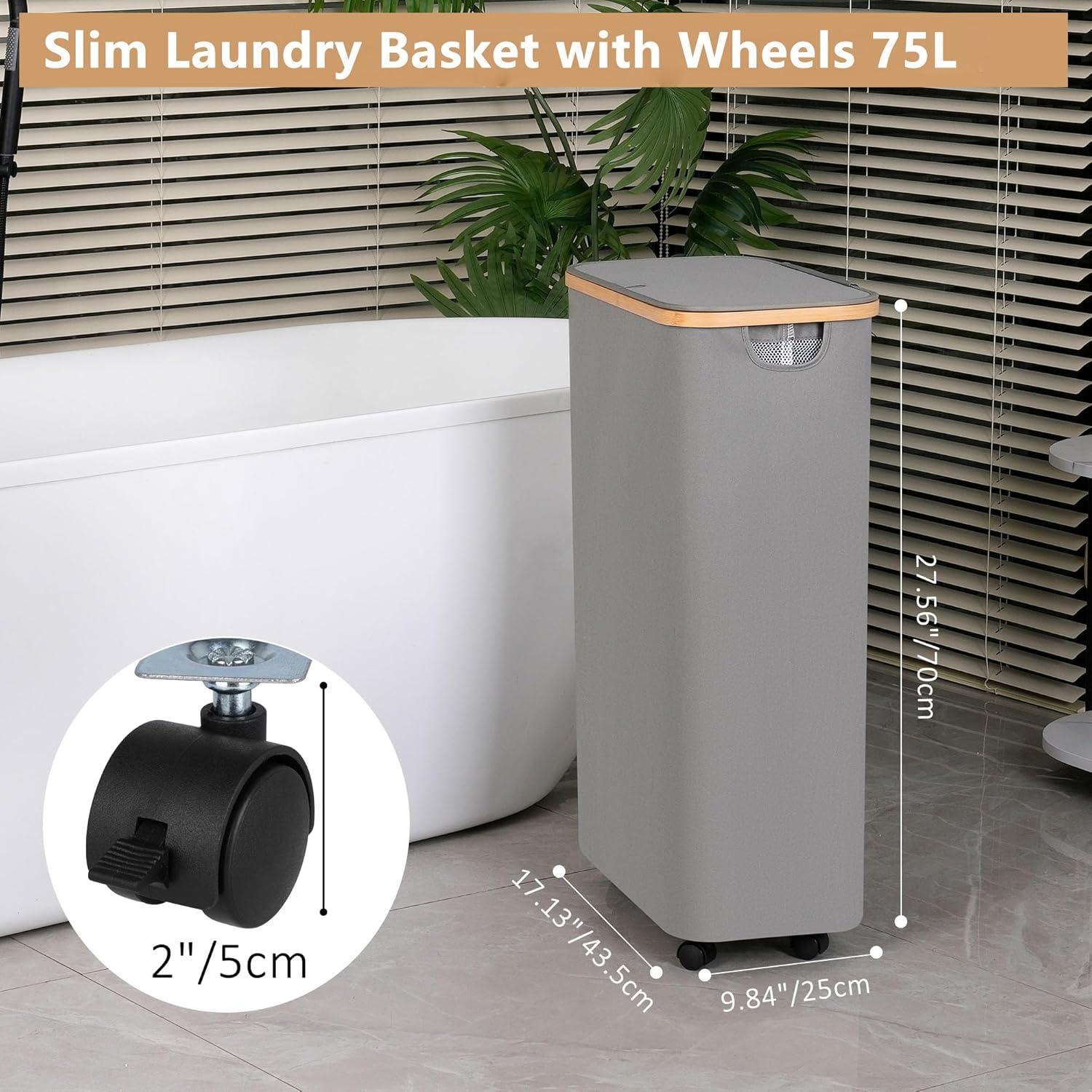 Wäschekorb mit Rollen 75L Bambusgriffe Herausnehmbarer