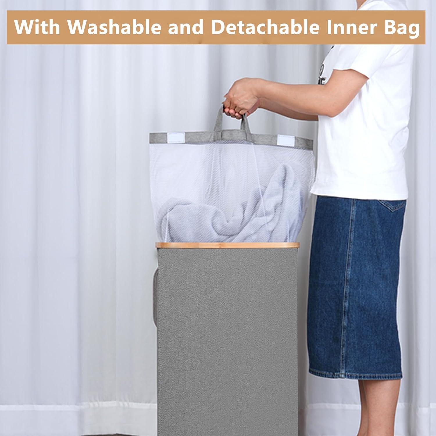 iEGrow Wäschekorb mit Rollen 75L Herausnehmbarer Innentasche Grau