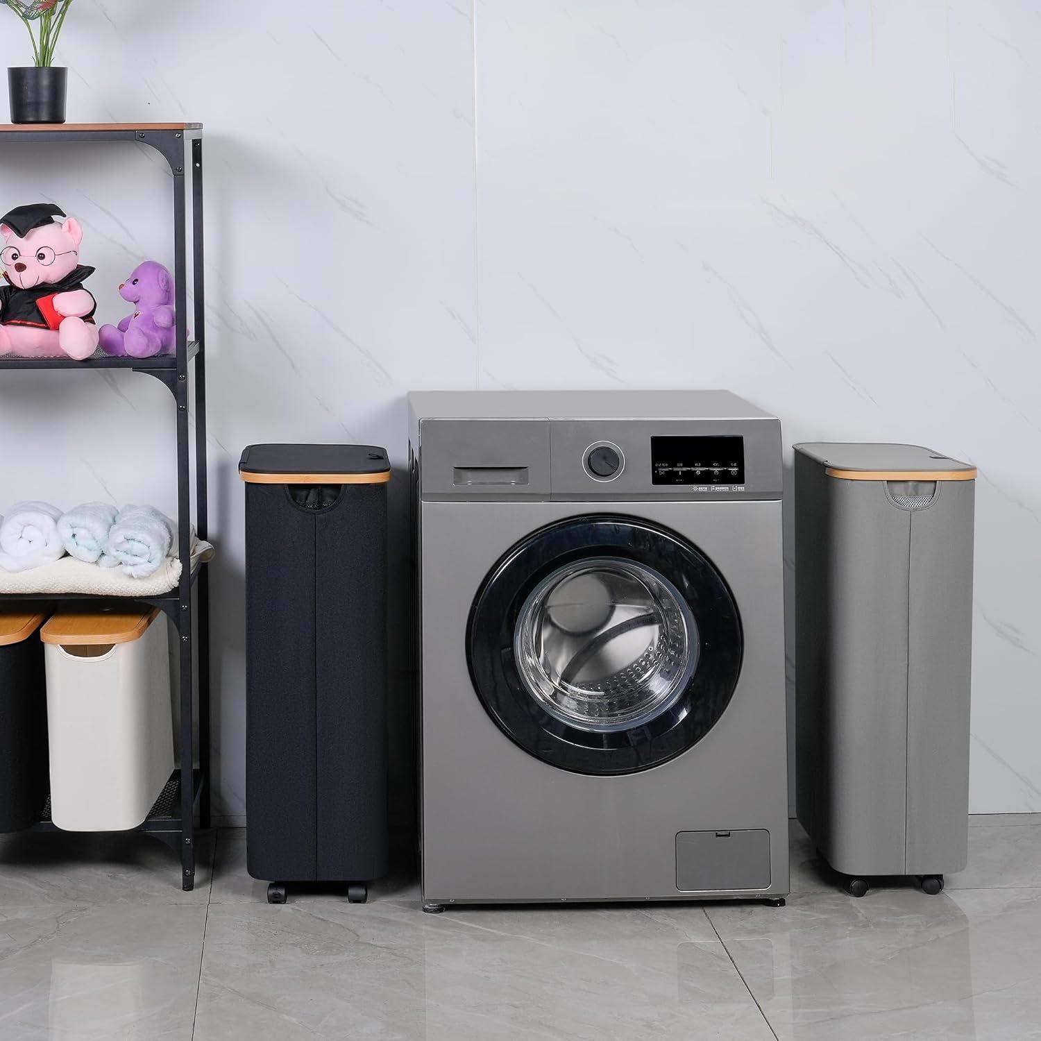 Wäschekorb mit Rollen 75L Schmal Herausnehmbarer Innentasche Grau