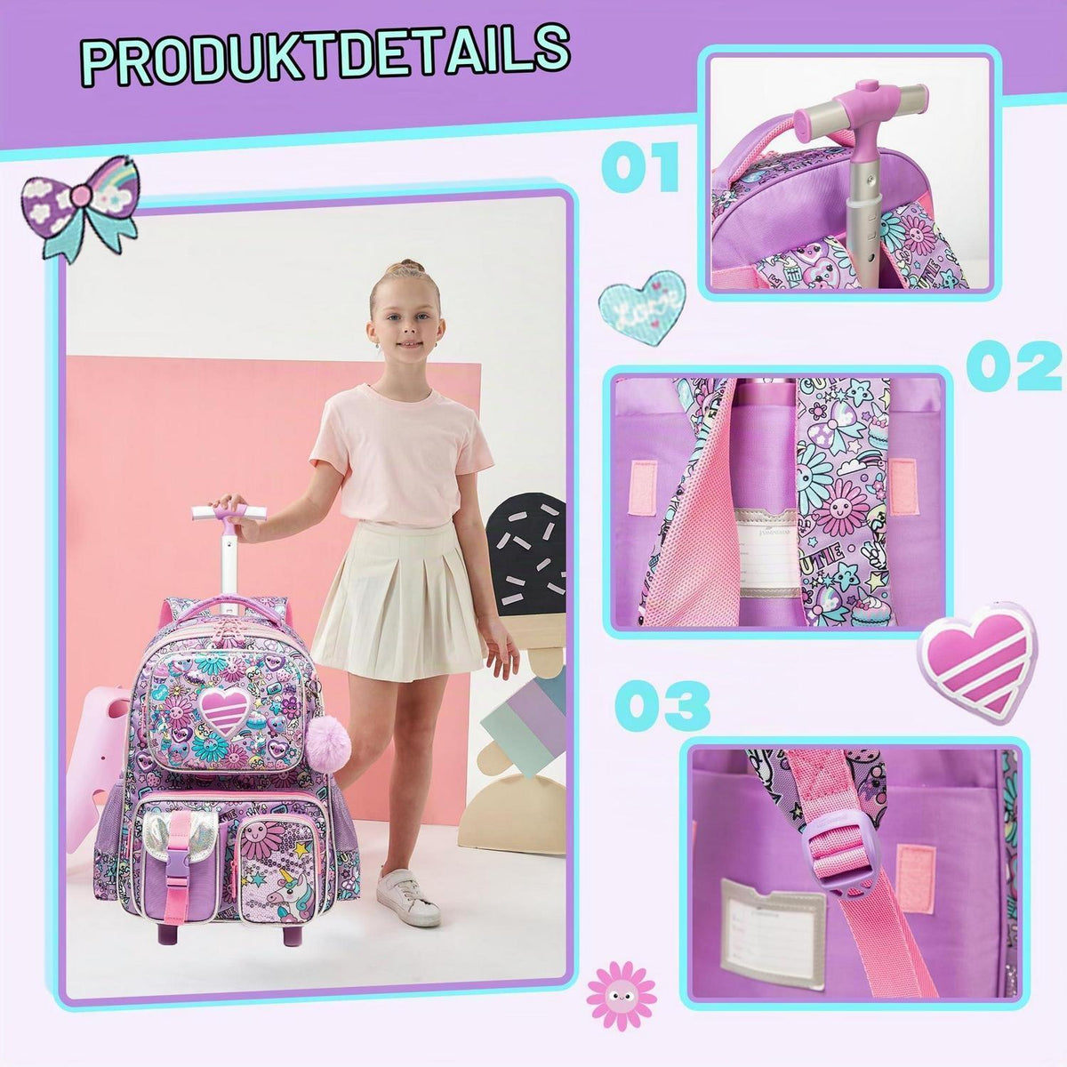 Schulranzen Trolley Mädchen Rosa Herz – Kinder Rucksack mit Rollen