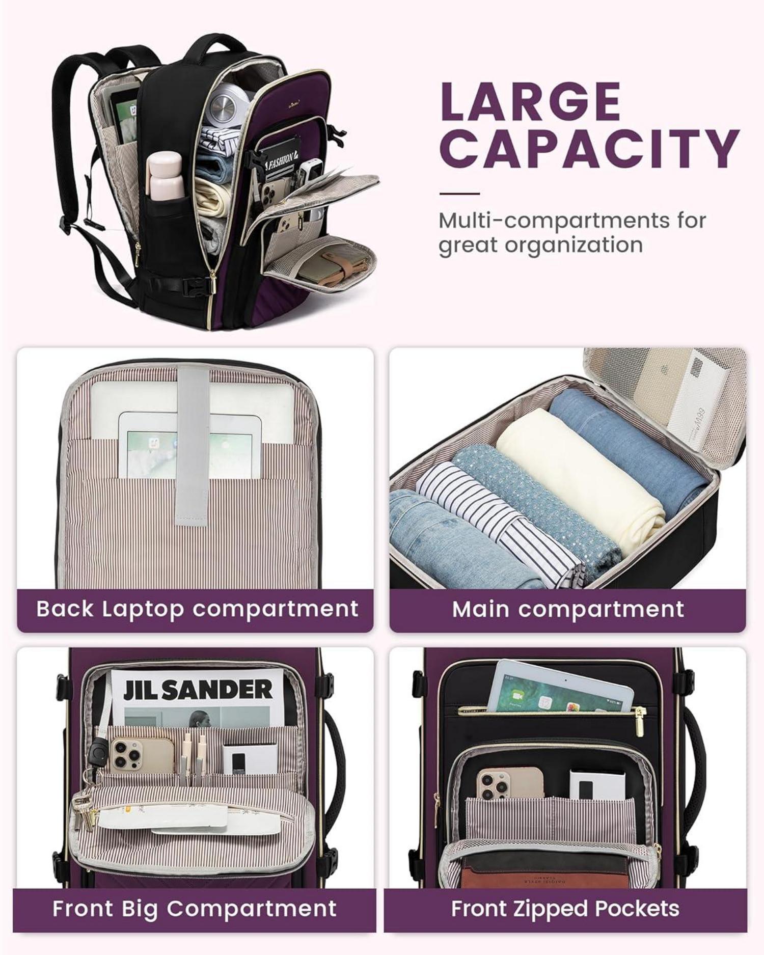 Großer Damen Reiserucksack 40L Handgepäck Rucksack Schwarz Violett