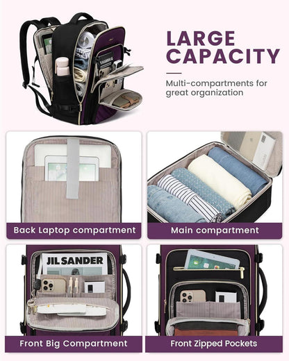 Großer Damen Reiserucksack 40L Handgepäck Rucksack Schwarz Violett