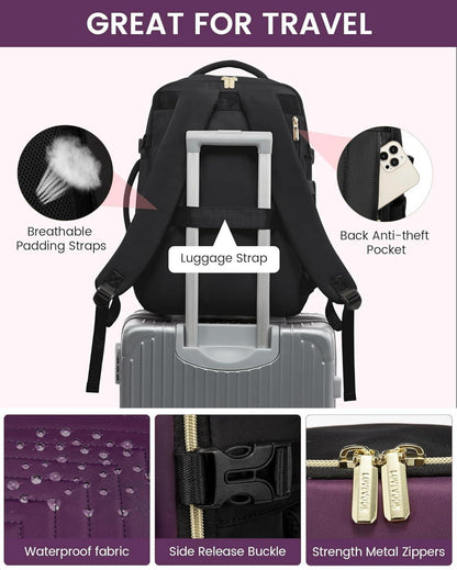 Großer Damen Reiserucksack 40L Handgepäck Rucksack Schwarz Violett