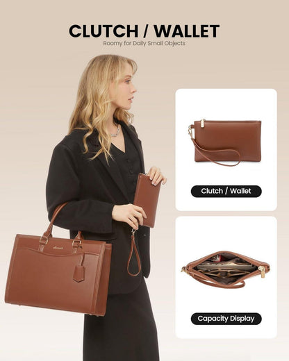 Damen Laptoptasche 15.6 Zoll Leder Tote Bag Schultertasche Groß Schwarz