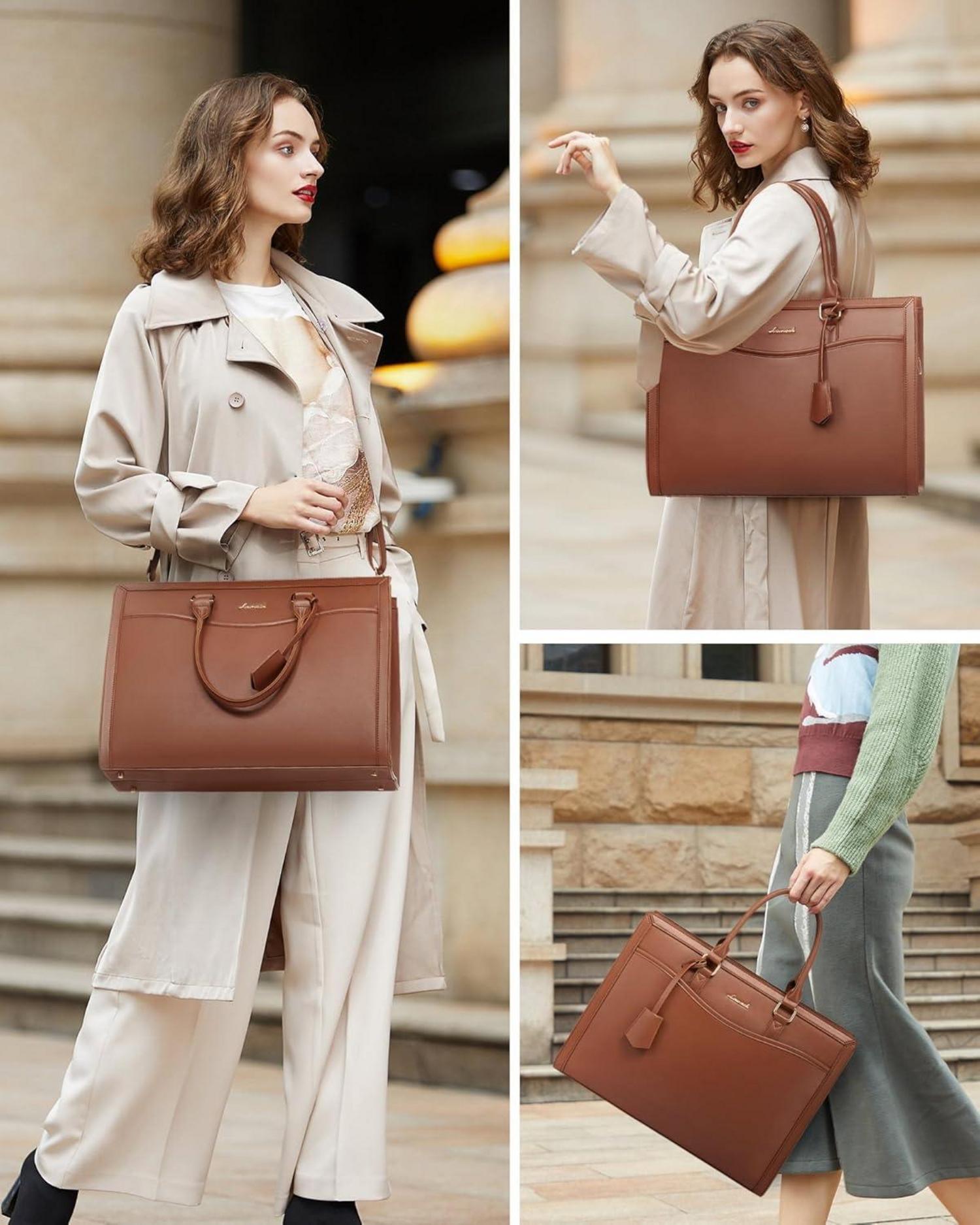 Damen Laptoptasche 15.6 Zoll Leder Tote Bag Schultertasche Groß Schwarz