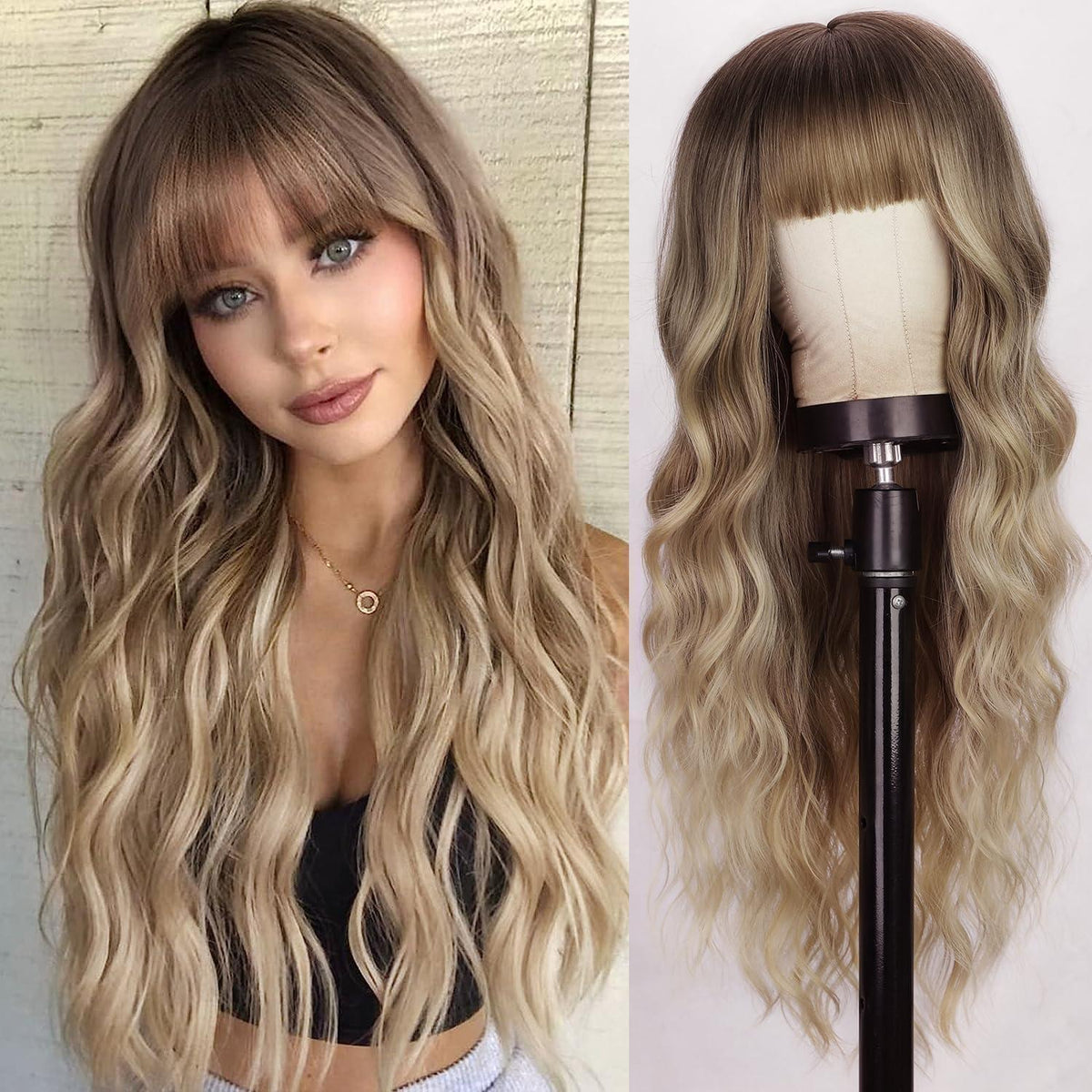 Lange gewellte braun-blonde Perücke mit Pony – 66cm Synthetikhaar