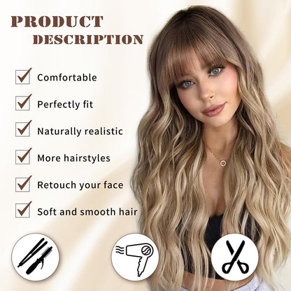 Lange gewellte braun-blonde Perücke mit Pony – 66cm Synthetikhaar