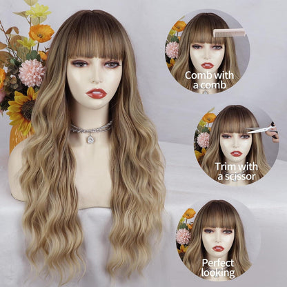 Lange gewellte braun-blonde Perücke mit Pony – 66cm Synthetikhaar