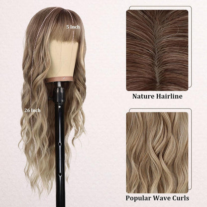 Lange gewellte braun-blonde Perücke mit Pony – 66cm Synthetikhaar