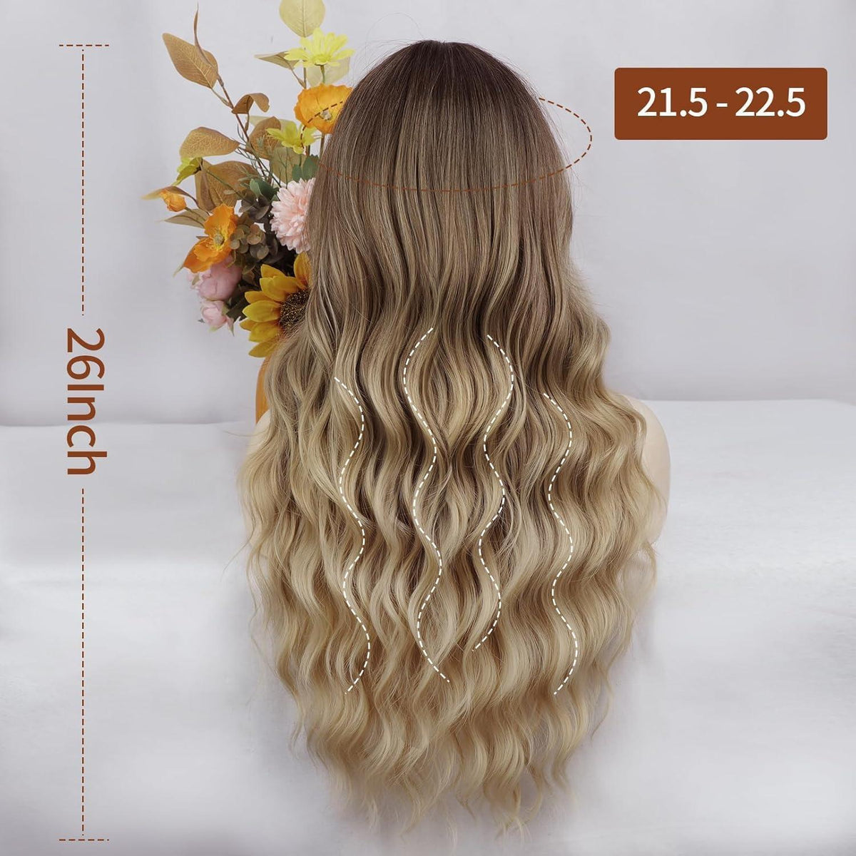 Lange gewellte braun-blonde Perücke mit Pony – 66cm Synthetikhaar