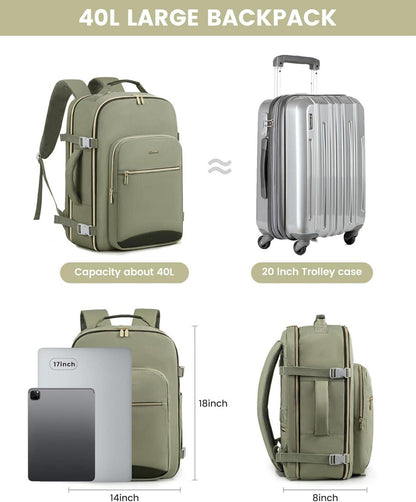 LOVEVOOK Handgepäck Rucksack Flugzeug 40L Wasserdicht Reisetasche 17 Zoll Laptop Graugrün+dunkelgrün