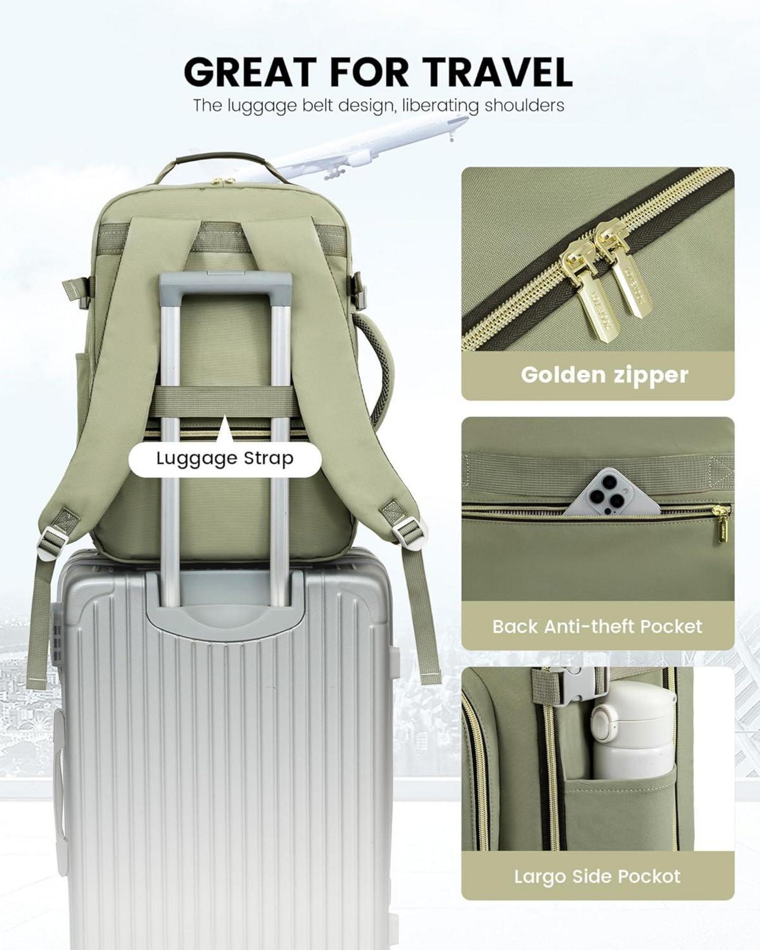 40L Damen Handgepäck Rucksack für Reise Laptop 17 Zoll Wasserdicht Graugrün