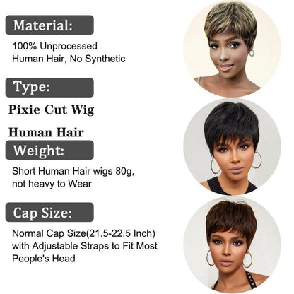 Kurze Echthaar Pixie Cut Perücke mit Pony – Schwarz/Blond