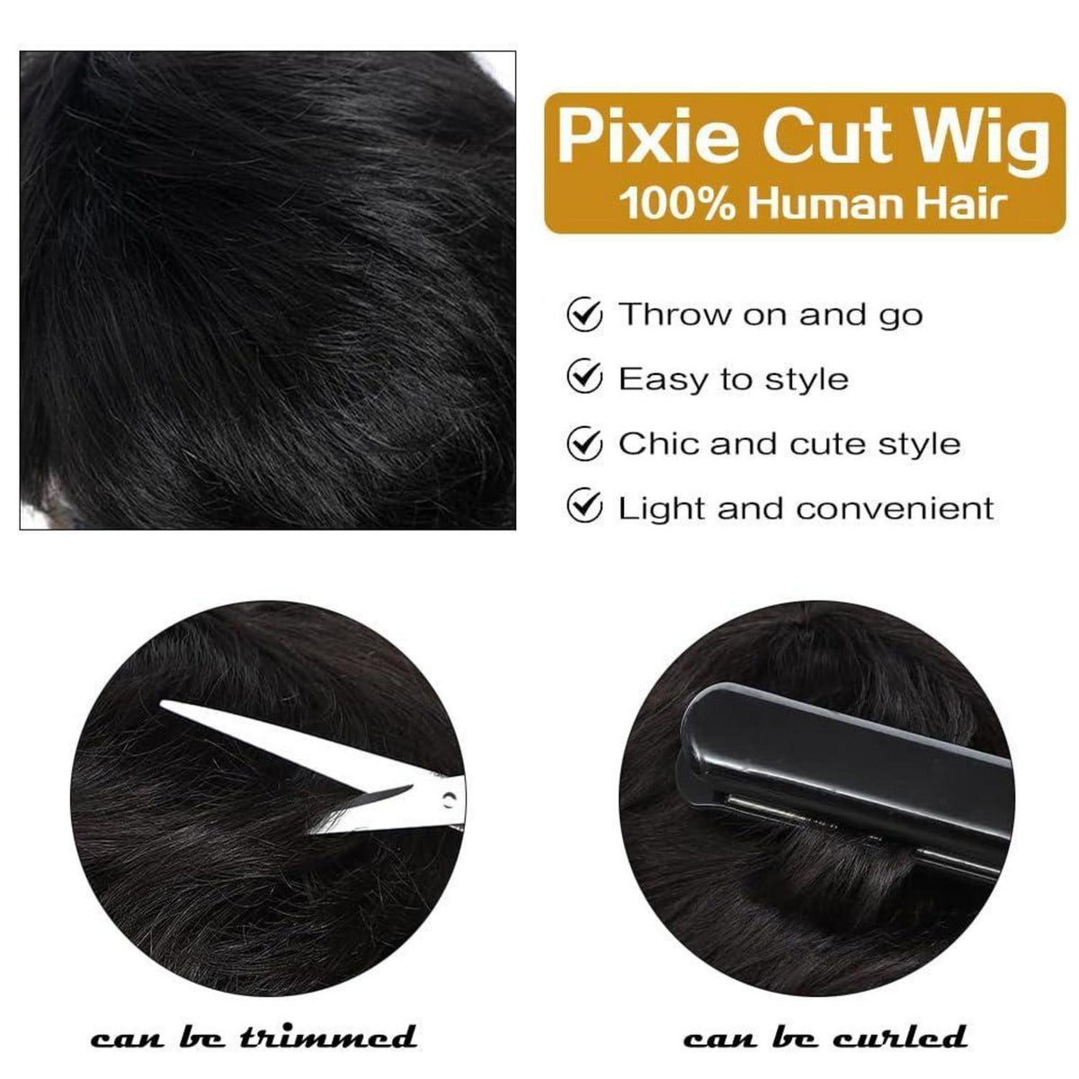 Kurze Echthaar Pixie Cut Perücke mit Pony – Schwarz/Blond