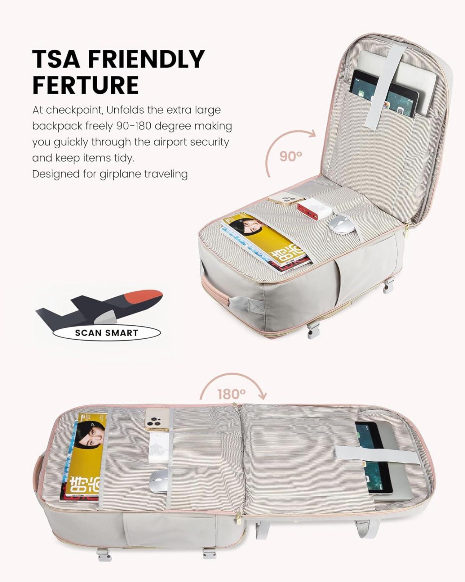 Handgepäck Rucksack 40L Groß Reiserucksack Damen 17 Zoll Laptop Grau