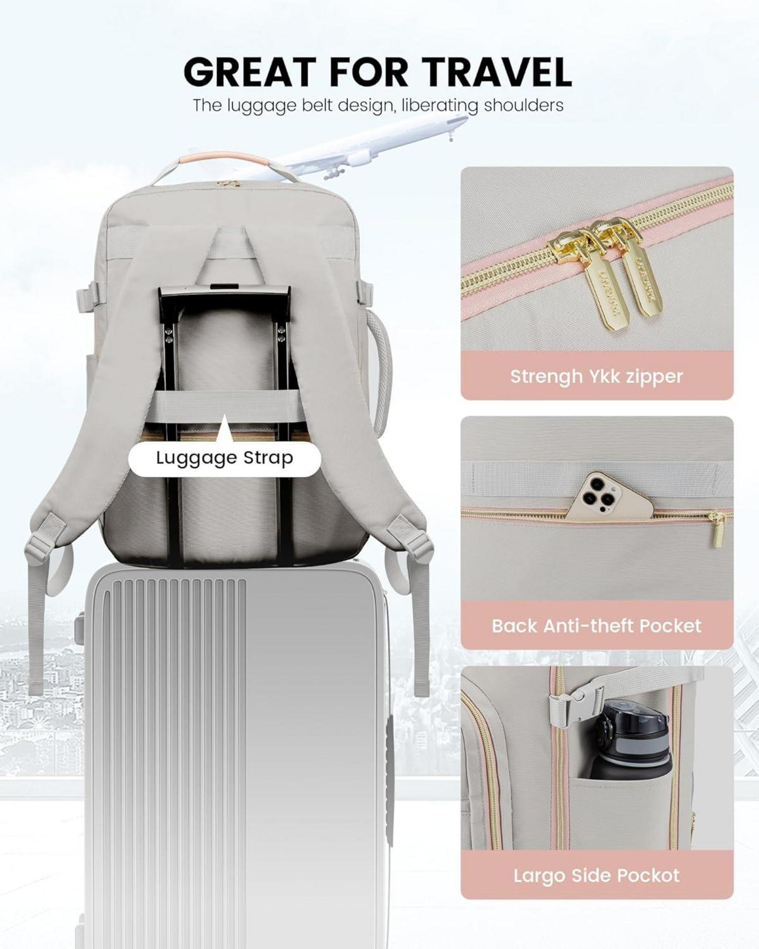 Handgepäck Rucksack 40L Reisetasche 17 Zoll Laptop Damen Grau Rosa