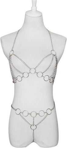 Moinha Frauen Sexy Metallkette Cupless BH Body Harness Set