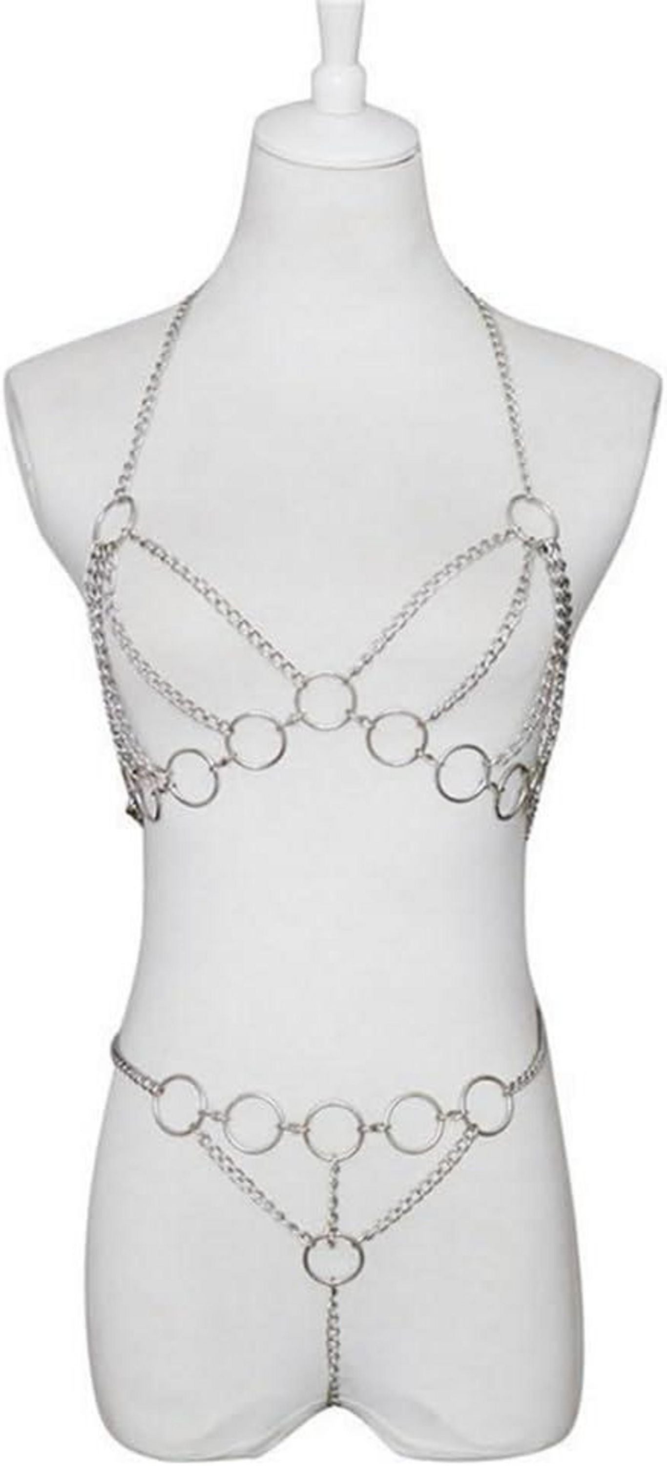 Moinha Frauen Sexy Metallkette Cupless BH Body Harness Set