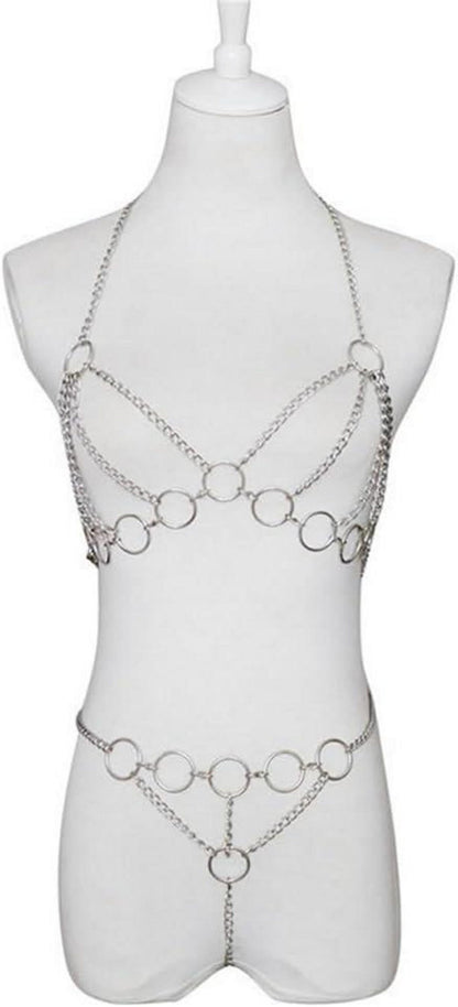 Moinha Frauen Sexy Metallkette Cupless BH Body Harness Set