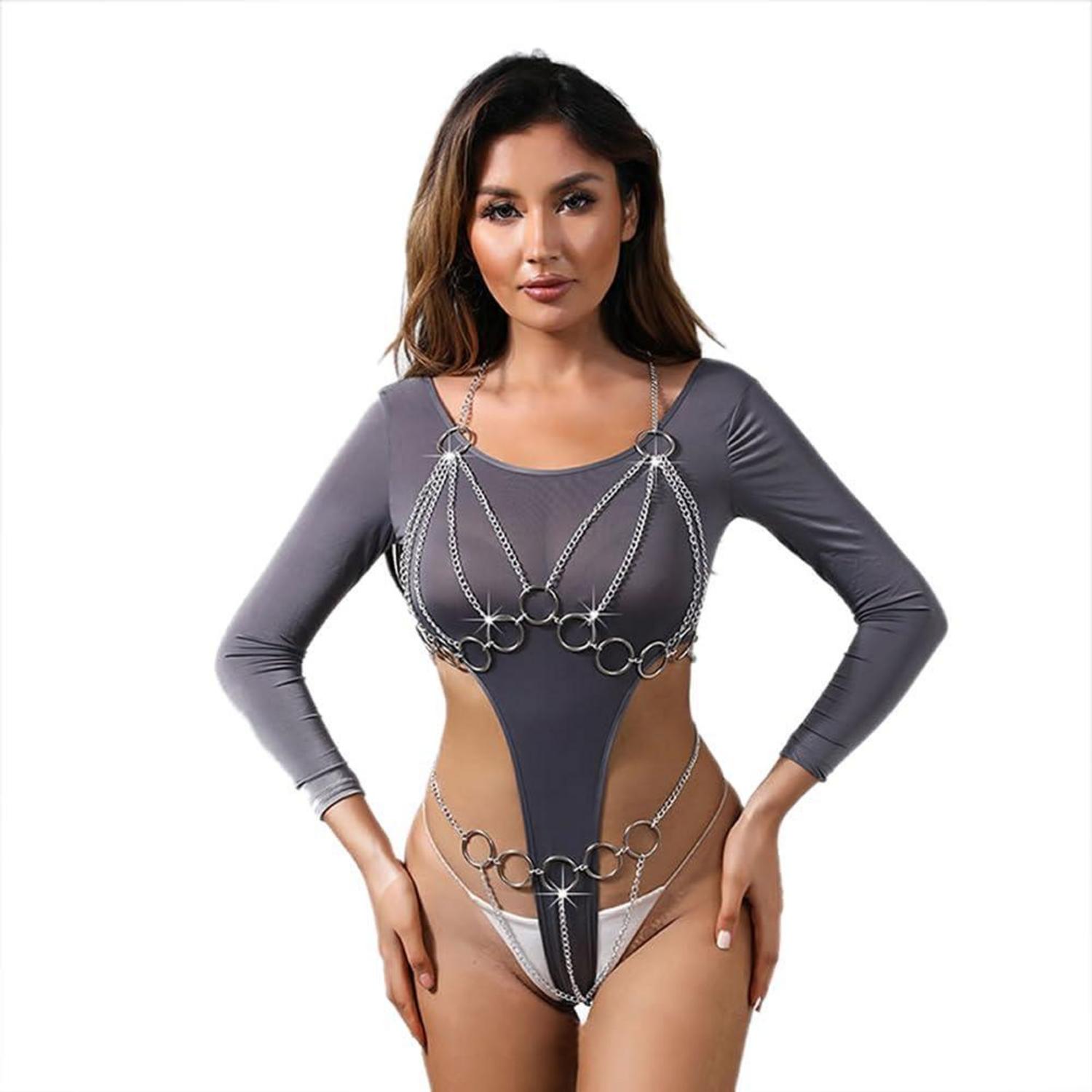 Moinha Frauen Sexy Body Harness Metallkette Cupless BH Körperkette Vest G-String Set