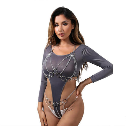 Sexy Frauen Metallkette Body Harness Cupless BH G-String Bikini Set Kristall