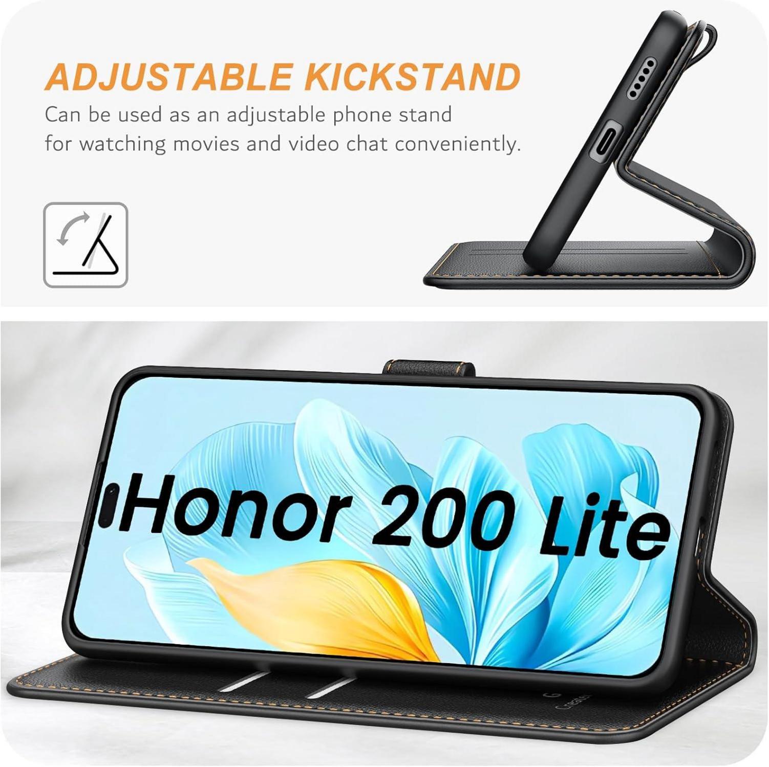 Honor 200 Lite Handyhülle Schwarz Leder Klapphülle mit Kartenschlitzen und Standfunktion