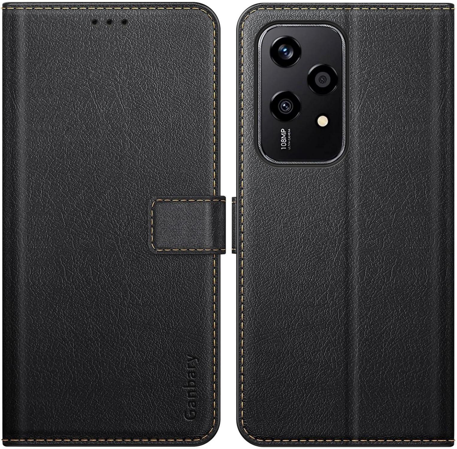 Honor 200 Lite Handyhülle Schwarz Leder Klapphülle mit Kartenschlitzen und Standfunktion