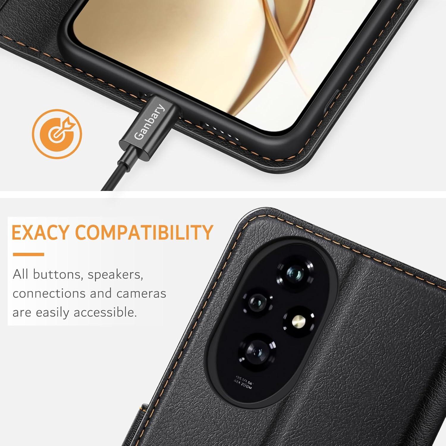 Handyhülle für Honor 200 - Premium Leder Klapphülle mit Kartenschlitzen, Magnetverschluss und Standfunktion - Schwarz