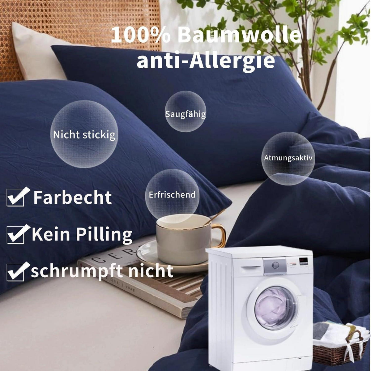 3-teiliges Bettwäsche-Set 220x240 Baumwolle Marineblau