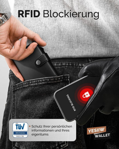 Herren Geldbörse RFID Kartenetui Slim Wallet Trifold Schwarz Magnetisch