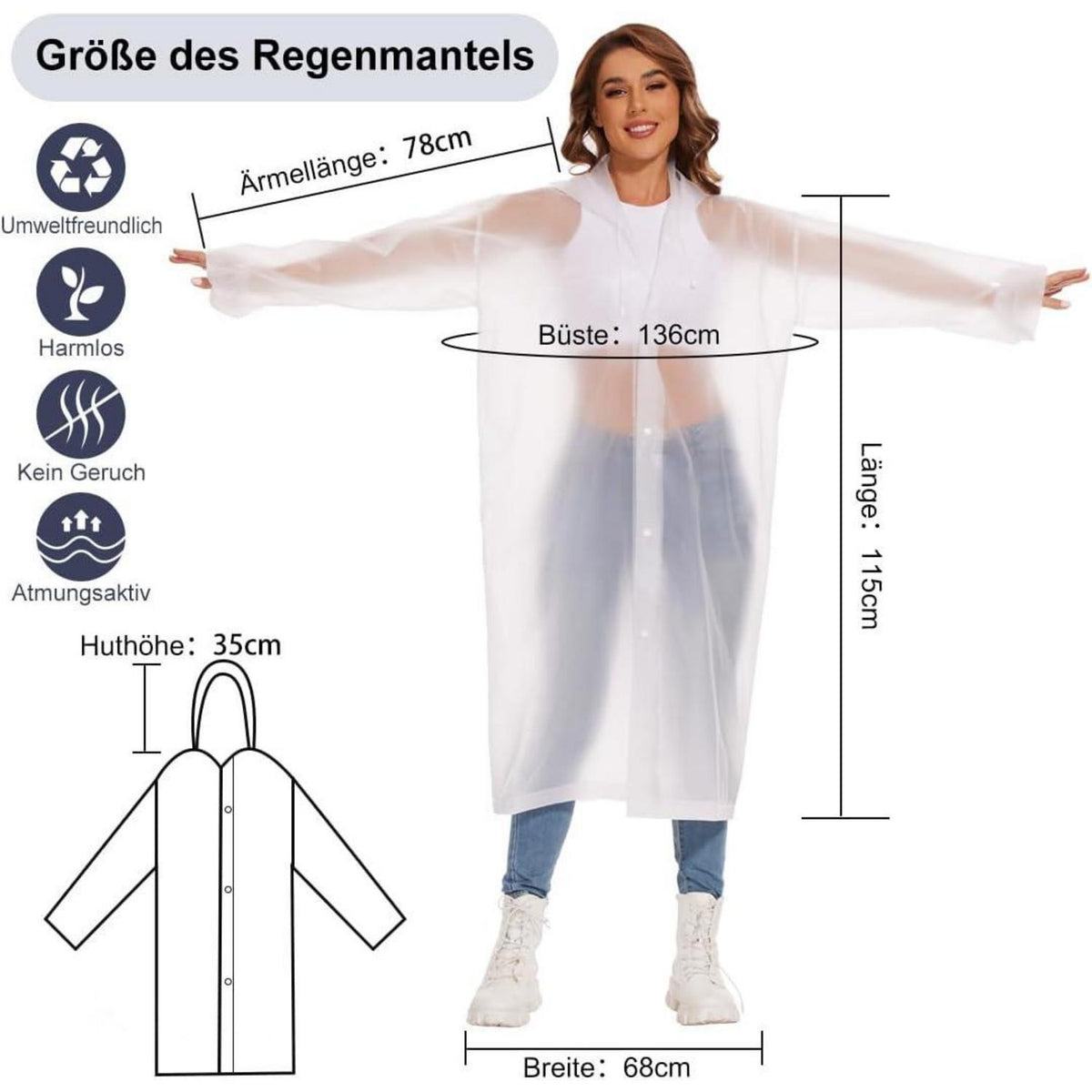 2er Pack Regenponcho Damen Herren, Wasserdicht Transparent, Größe L