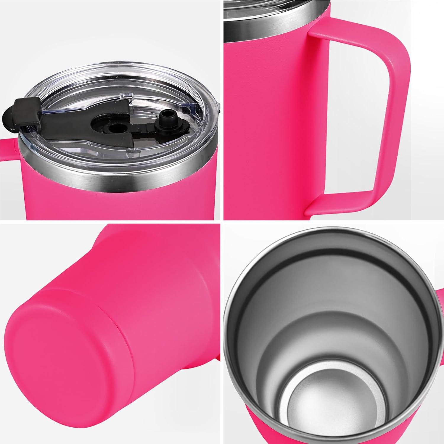 Livole 30oz Rosenroter Thermobecher mit Strohhalm, Henkel & Griff