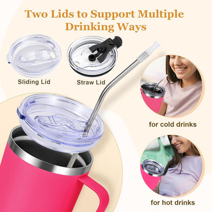 Livole Edelstahl Thermobecher 30oz Rosenrot mit Strohhalm und Henkel