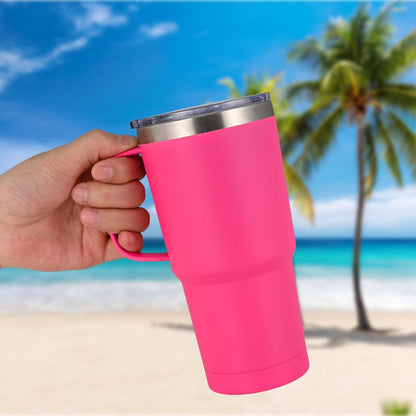 Thermobecher mit Henkel und Strohhalm, 600ml, Rosenrot, Edelstahl