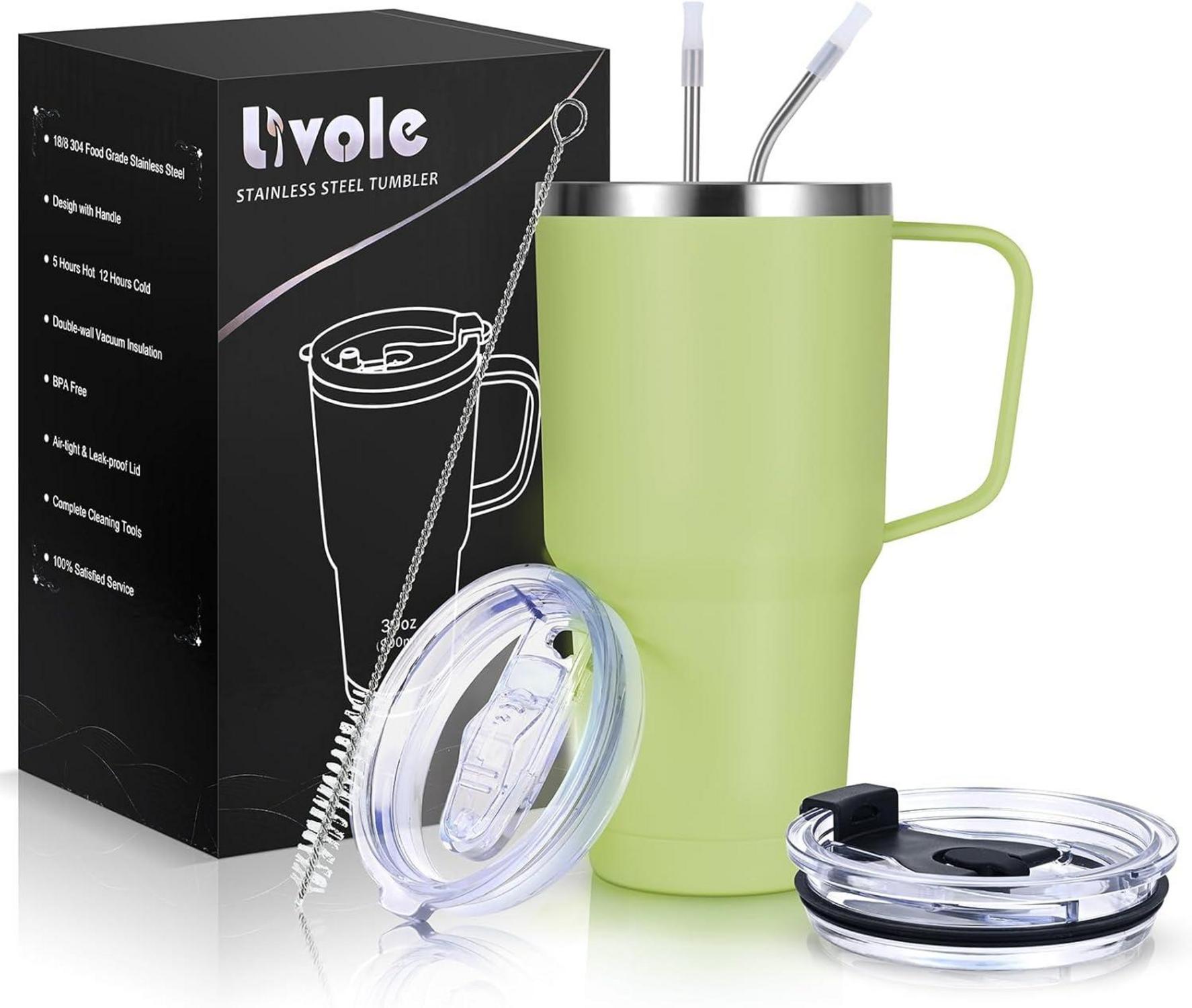 Doppelwandiger 30oz Edelstahl Thermobecher mit Strohhalm und Henkel