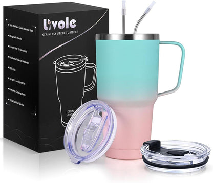 Livole 30oz Doppelwandiger Thermobecher mit Strohhalm, Henkel