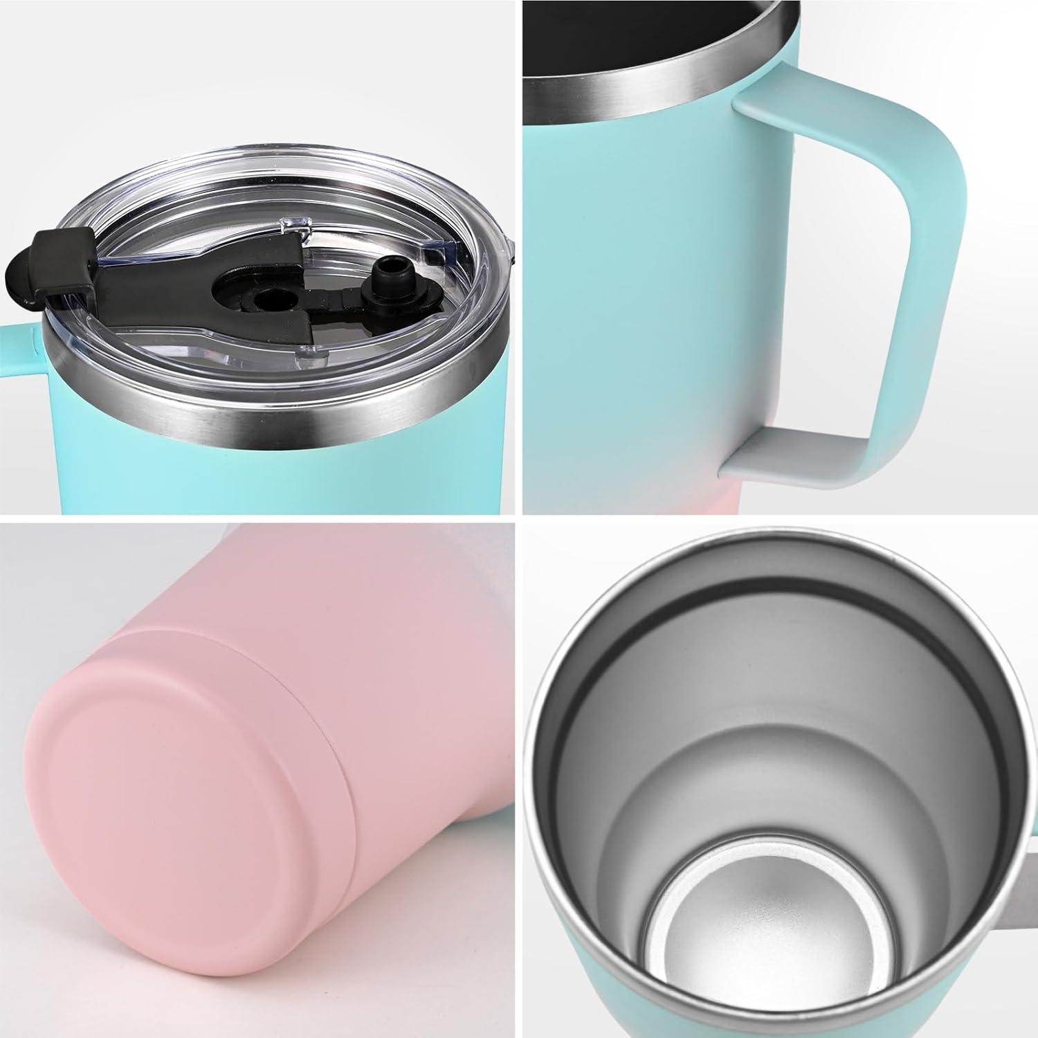 Livole 900ml Doppelwandiger Thermobecher mit Strohhalm, Henkel, Edelstahl - Blau & Rosa