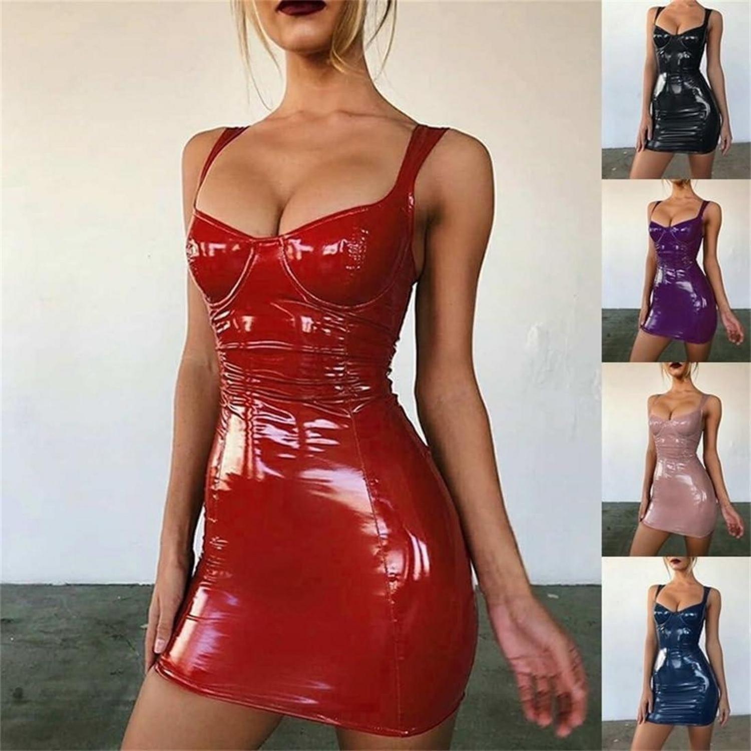 Damen Clubwear Wetlook MiniKleid PU Leder Ärmellos XXL Lila