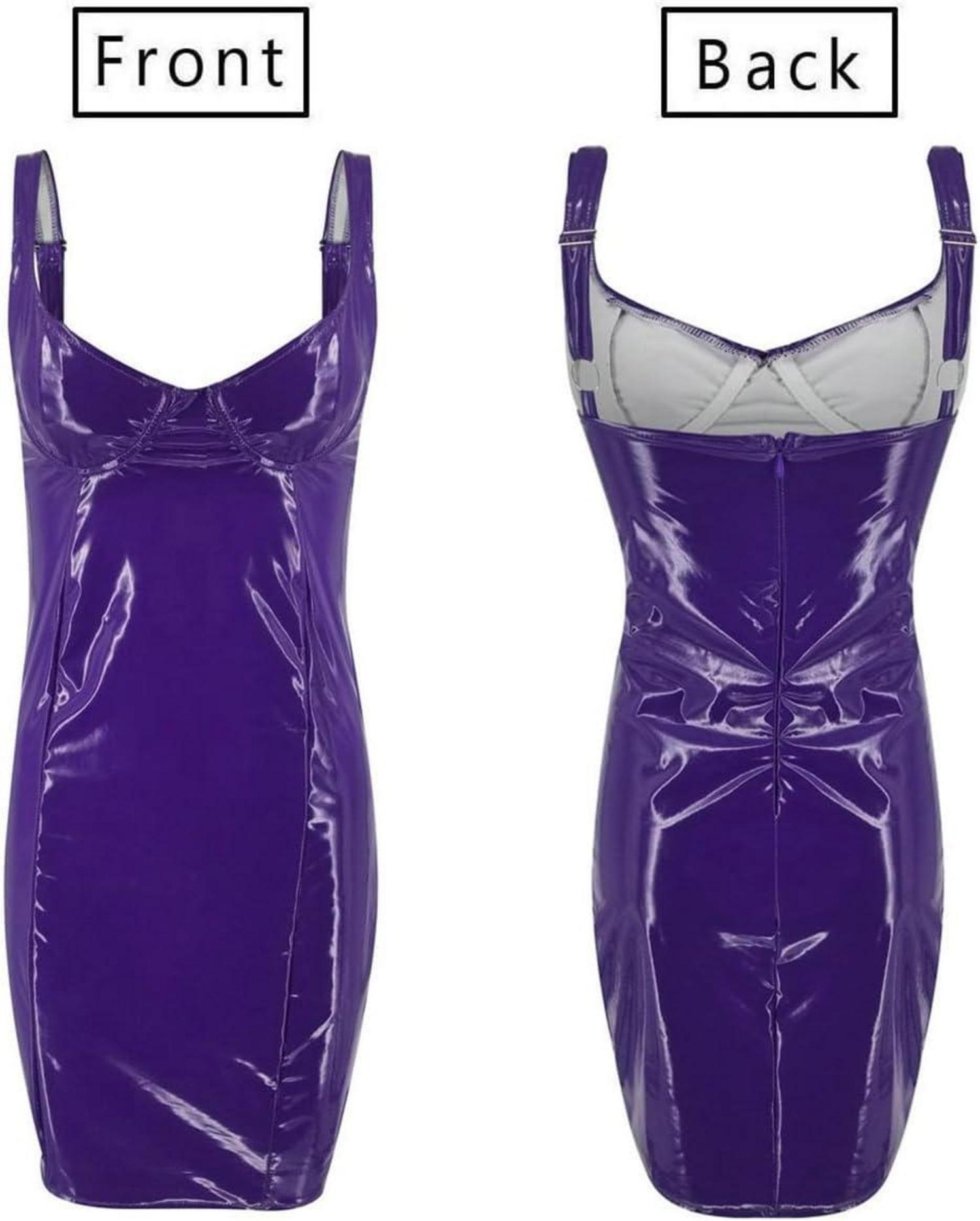 Damen MiniKleid PU Leder Wetlook Partykleid Ärmellos Rückenfrei Clubwear XXL Lila