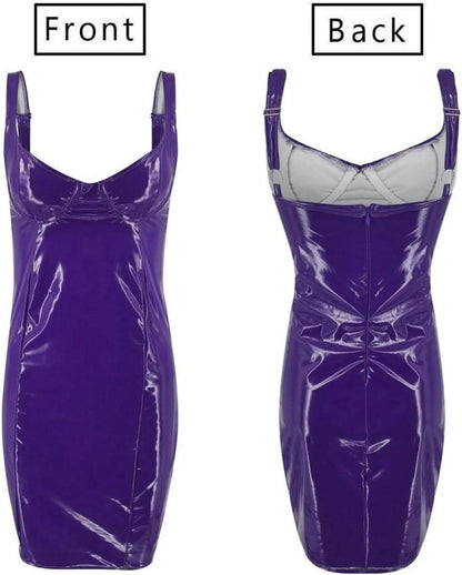 Damen MiniKleid PU Leder Wetlook Partykleid Ärmellos Rückenfrei Clubwear XXL Lila