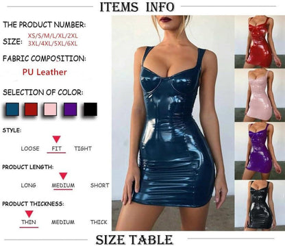 Wetlook Damen PU Lederkleid Träger Bodycon Clubwear Rückenfrei MiniKleid Lila