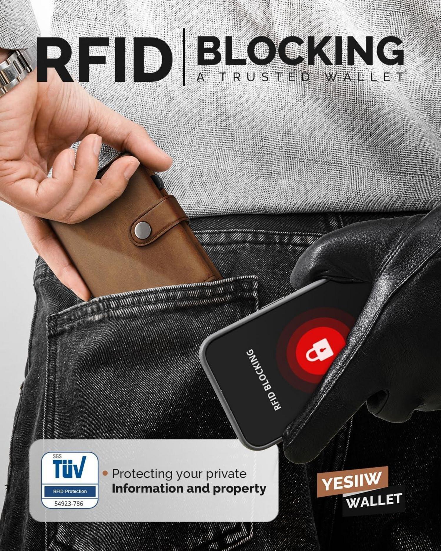 YESIIW RFID Geldbörse Herren Kartenetui Trifold Slim Wallet Braun